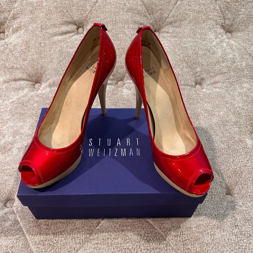 Stuart Weitzman Avignon Red Peep-Toe Pumps - image 1